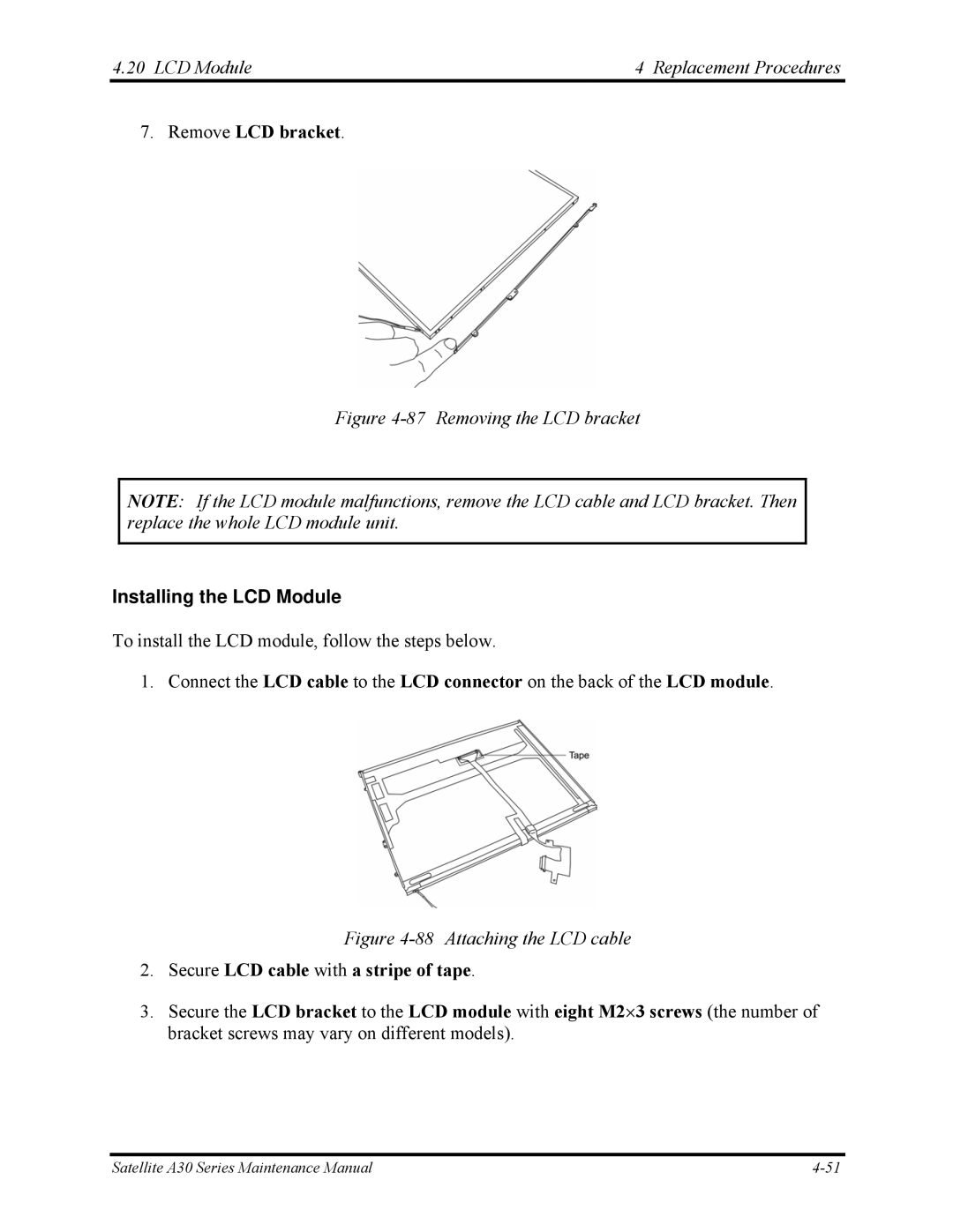 Toshiba Satellite A30 Series manual Removing the LCD bracket, Installing the LCD Module 