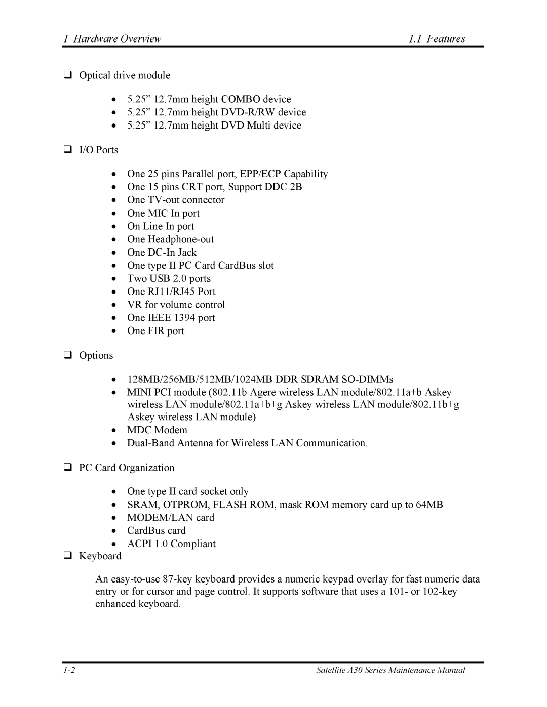 Toshiba Satellite A30 Series manual Hardware Overview Features 