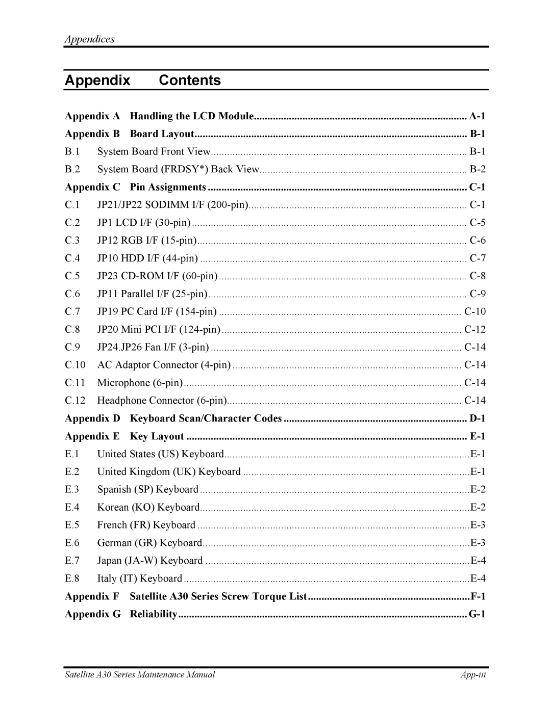 Toshiba Satellite A30 Series manual Appendix Contents 