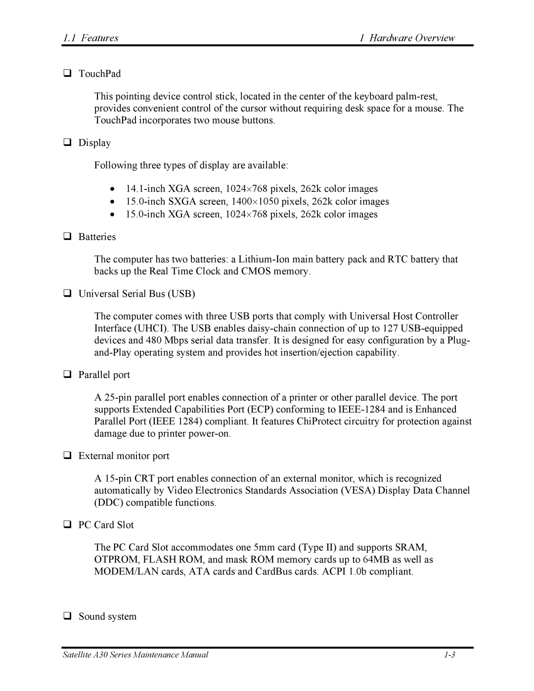 Toshiba Satellite A30 Series manual Features Hardware Overview 