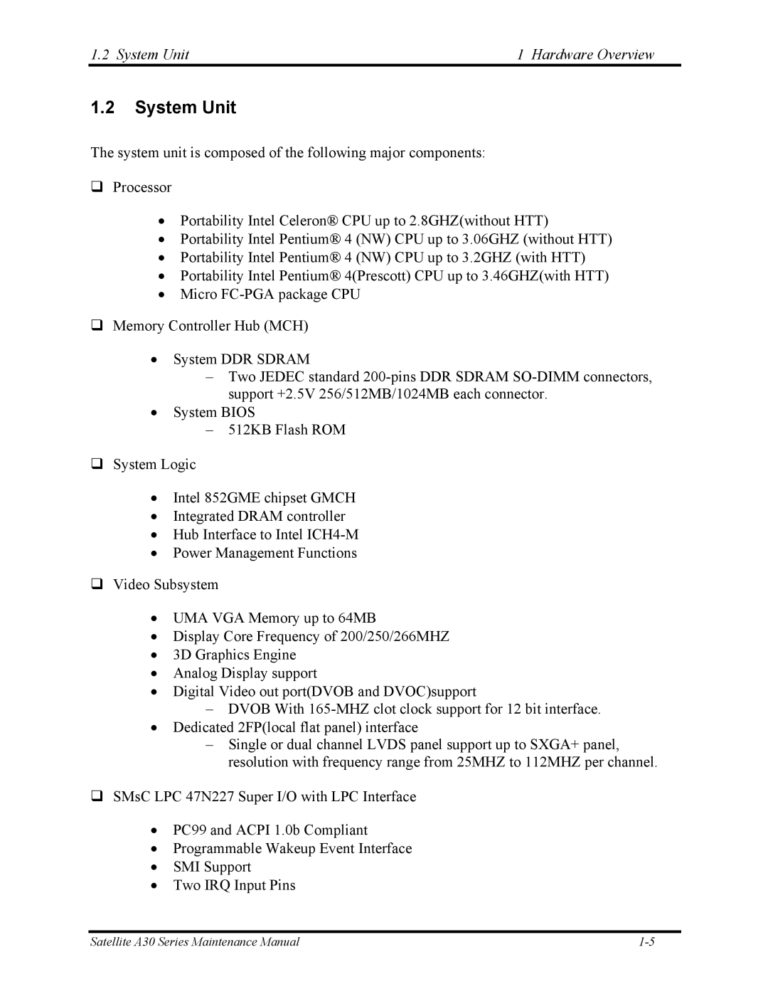 Toshiba Satellite A30 Series manual System Unit Hardware Overview 