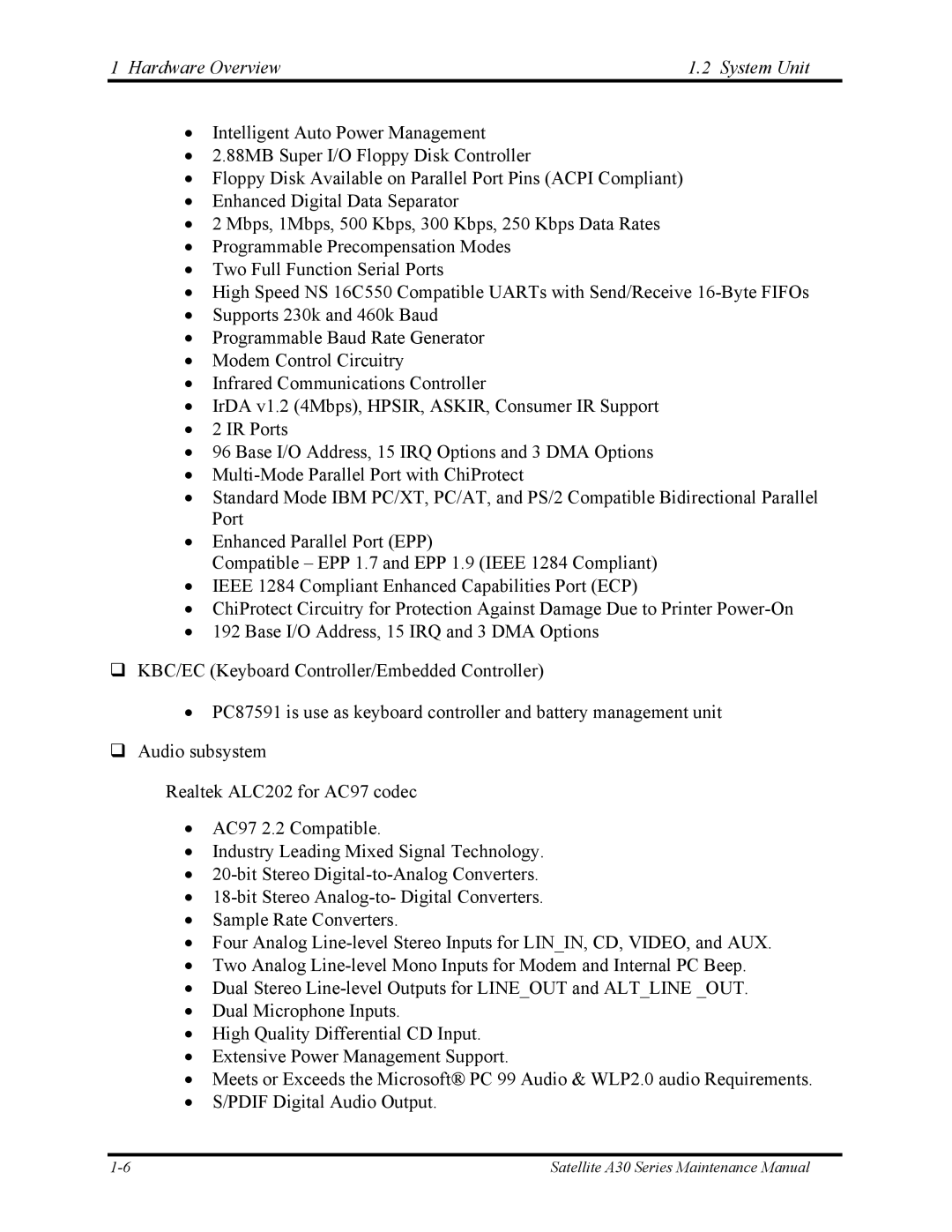 Toshiba Satellite A30 Series manual Hardware Overview System Unit 