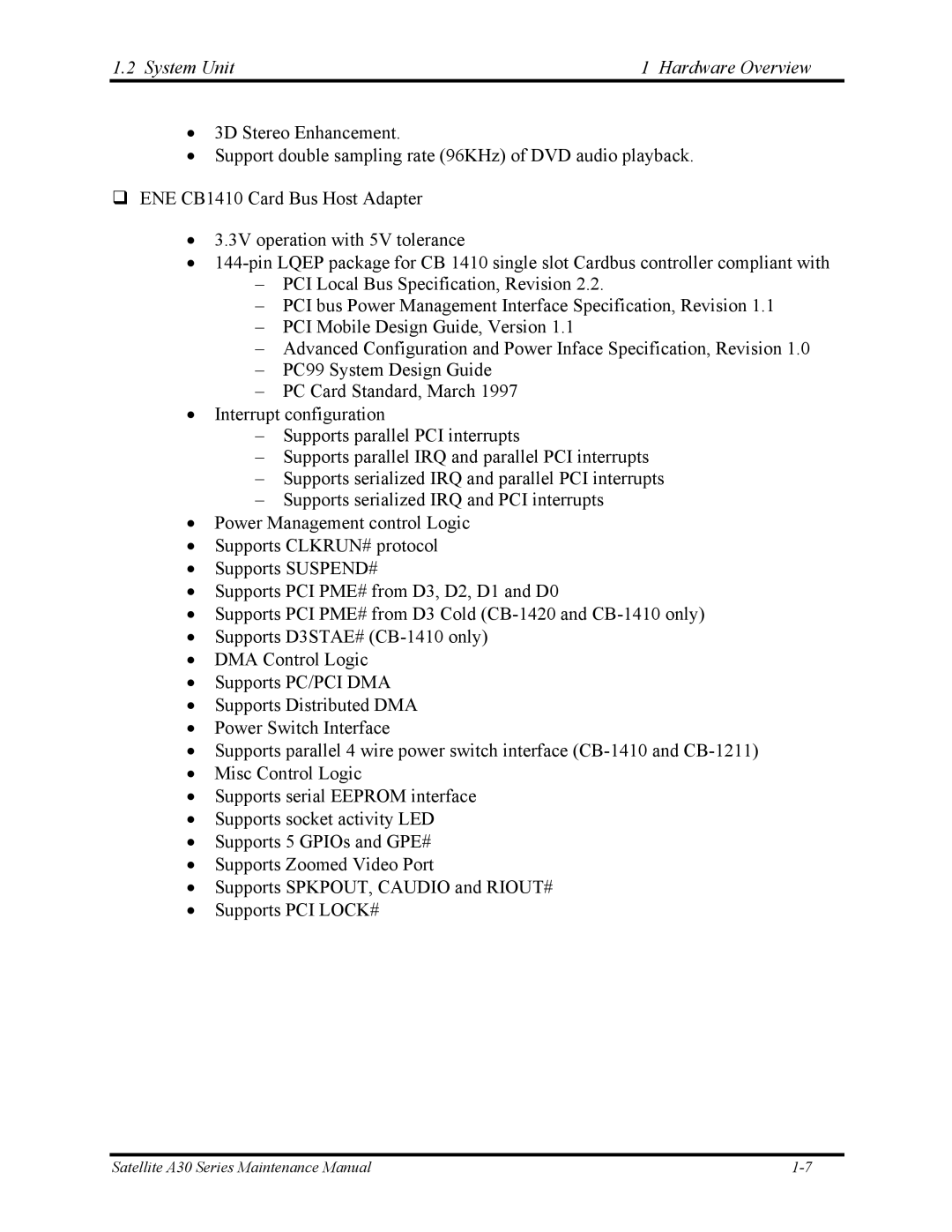 Toshiba Satellite A30 Series manual System Unit Hardware Overview 