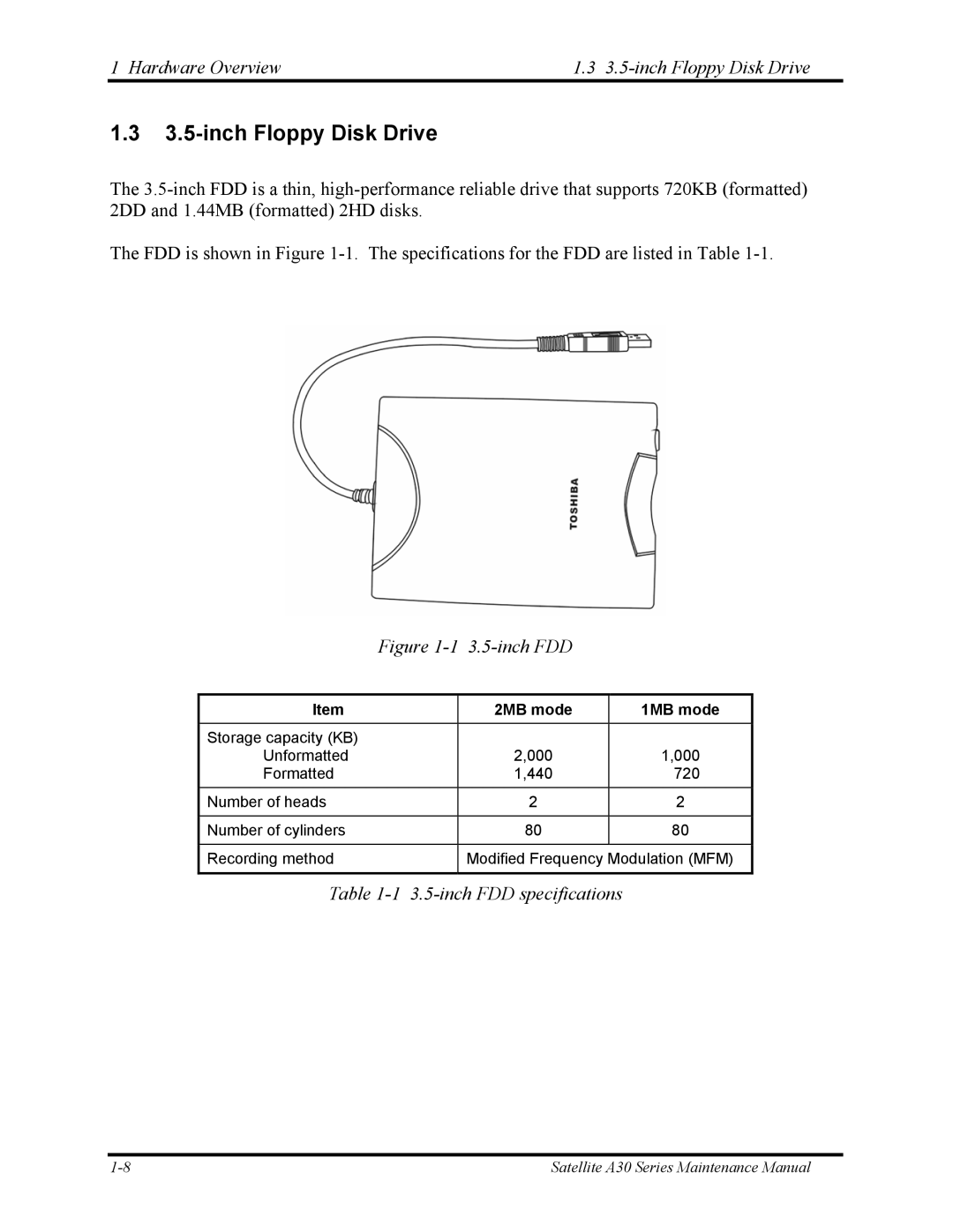 Toshiba Satellite A30 Series manual Hardware Overview 3.5-inch Floppy Disk Drive, inch FDD specifications 