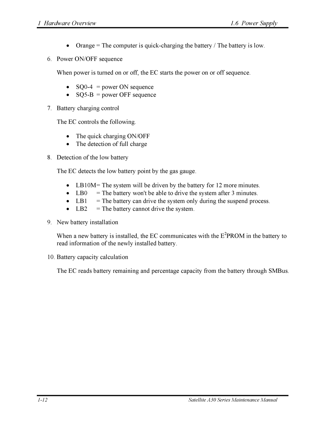 Toshiba Satellite A30 Series manual Hardware Overview Power Supply, LB2 