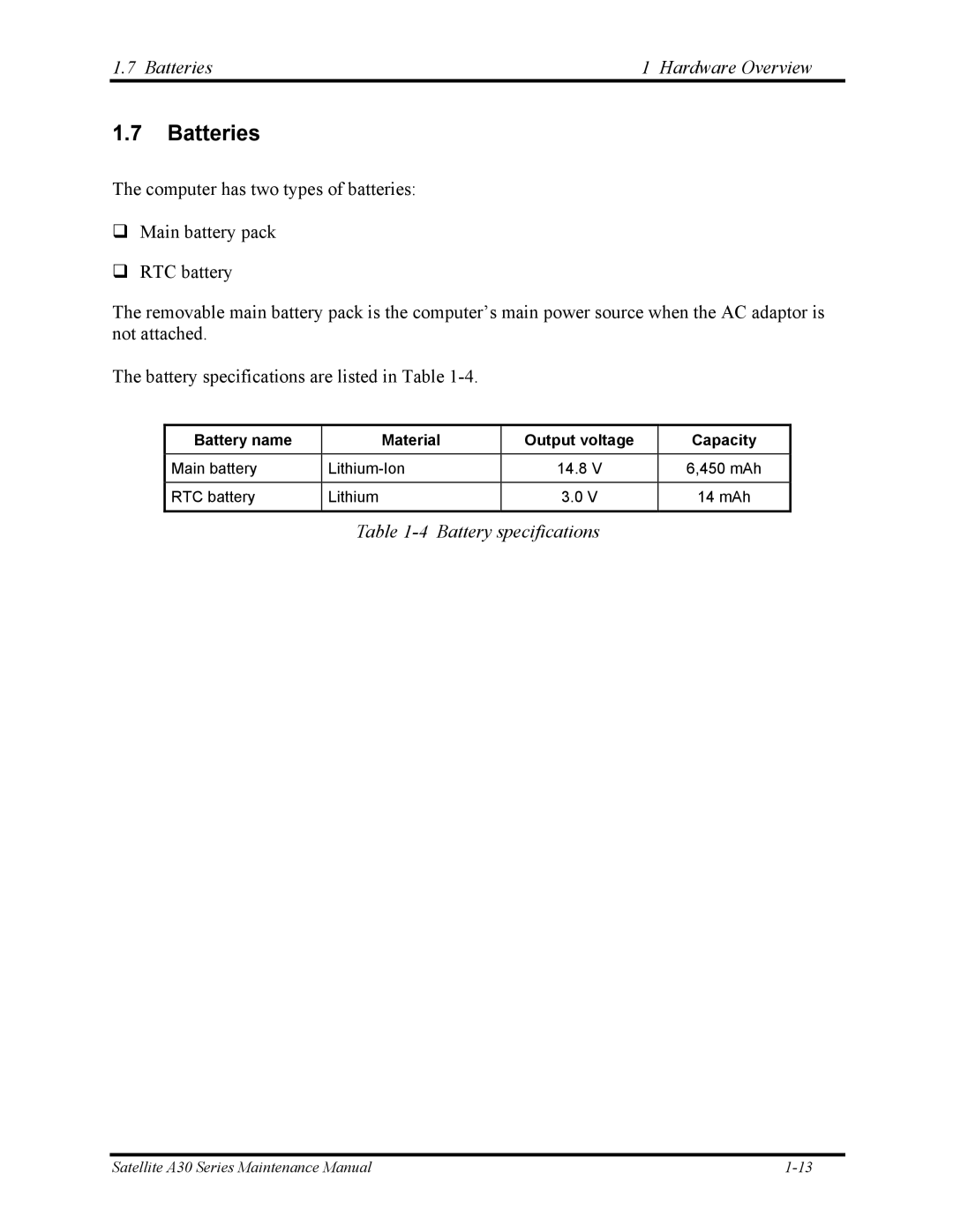 Toshiba Satellite A30 Series manual Batteries Hardware Overview, Battery specifications 