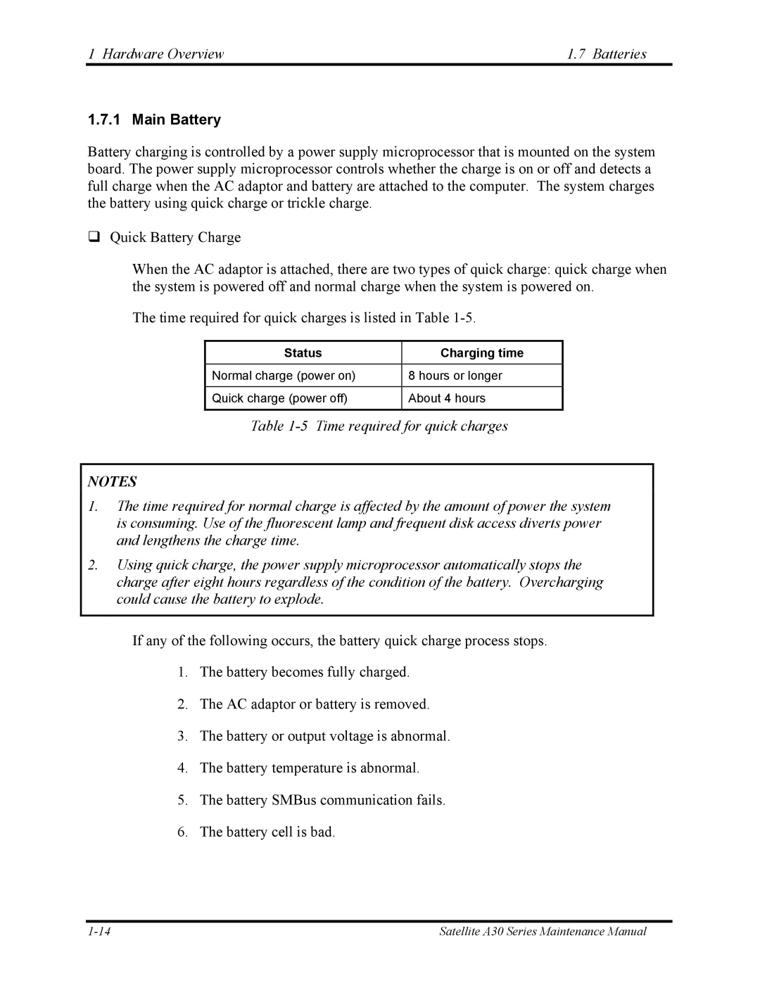 Toshiba Satellite A30 Series manual Hardware Overview Batteries, Main Battery 