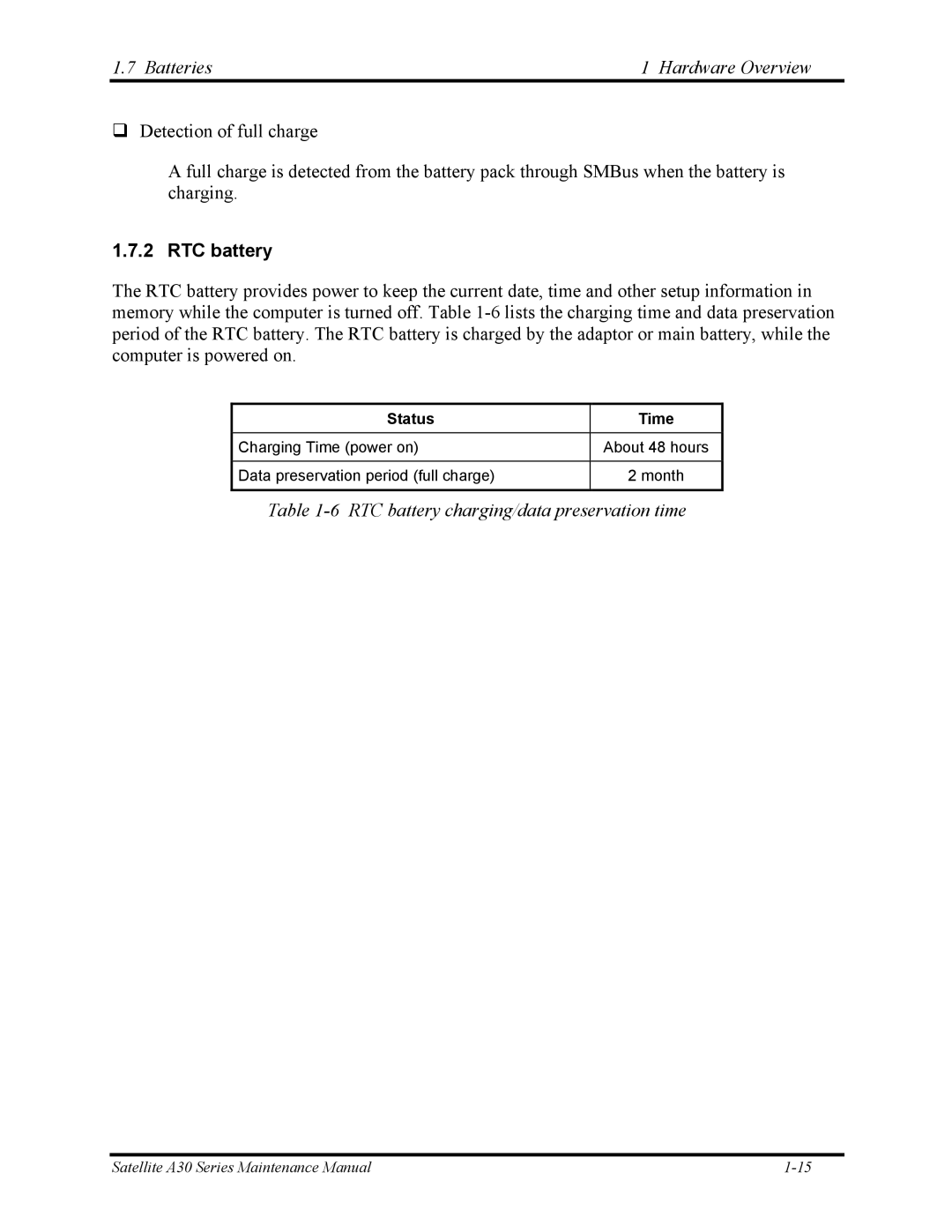 Toshiba Satellite A30 Series manual RTC battery charging/data preservation time 