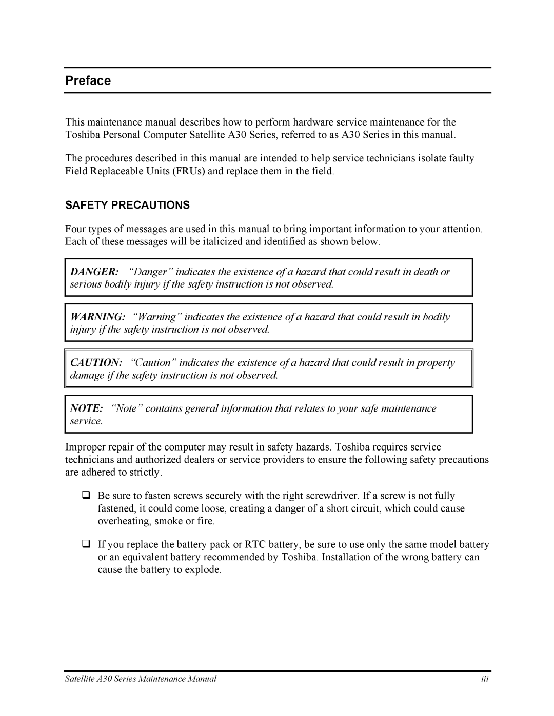 Toshiba Satellite A30 Series manual Preface, Safety Precautions 