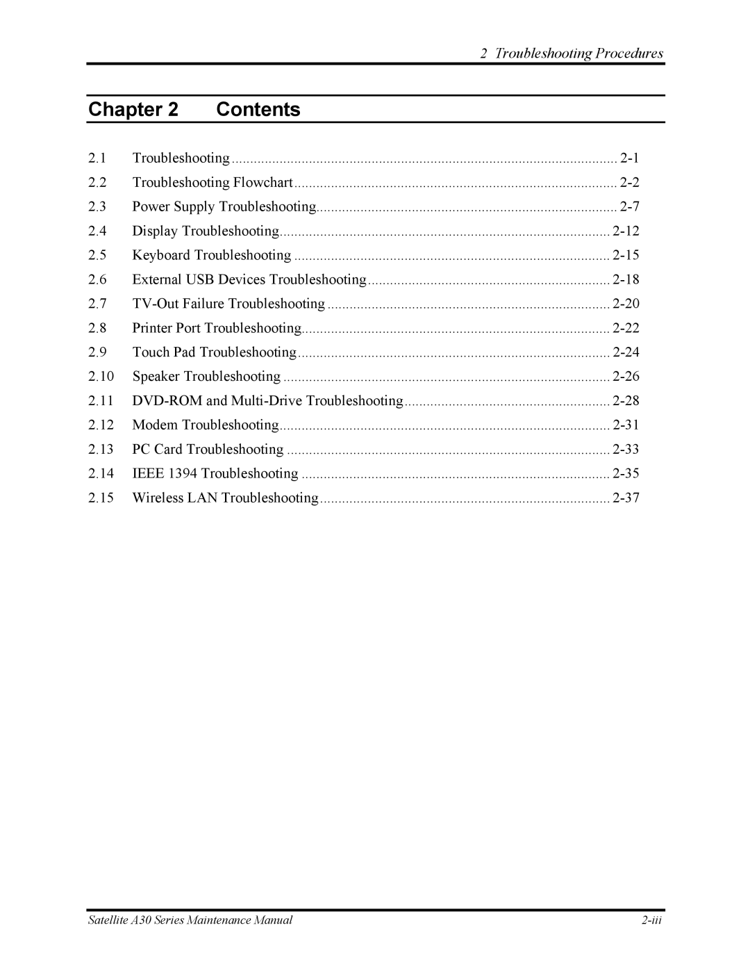 Toshiba Satellite A30 Series manual Chapter Contents 