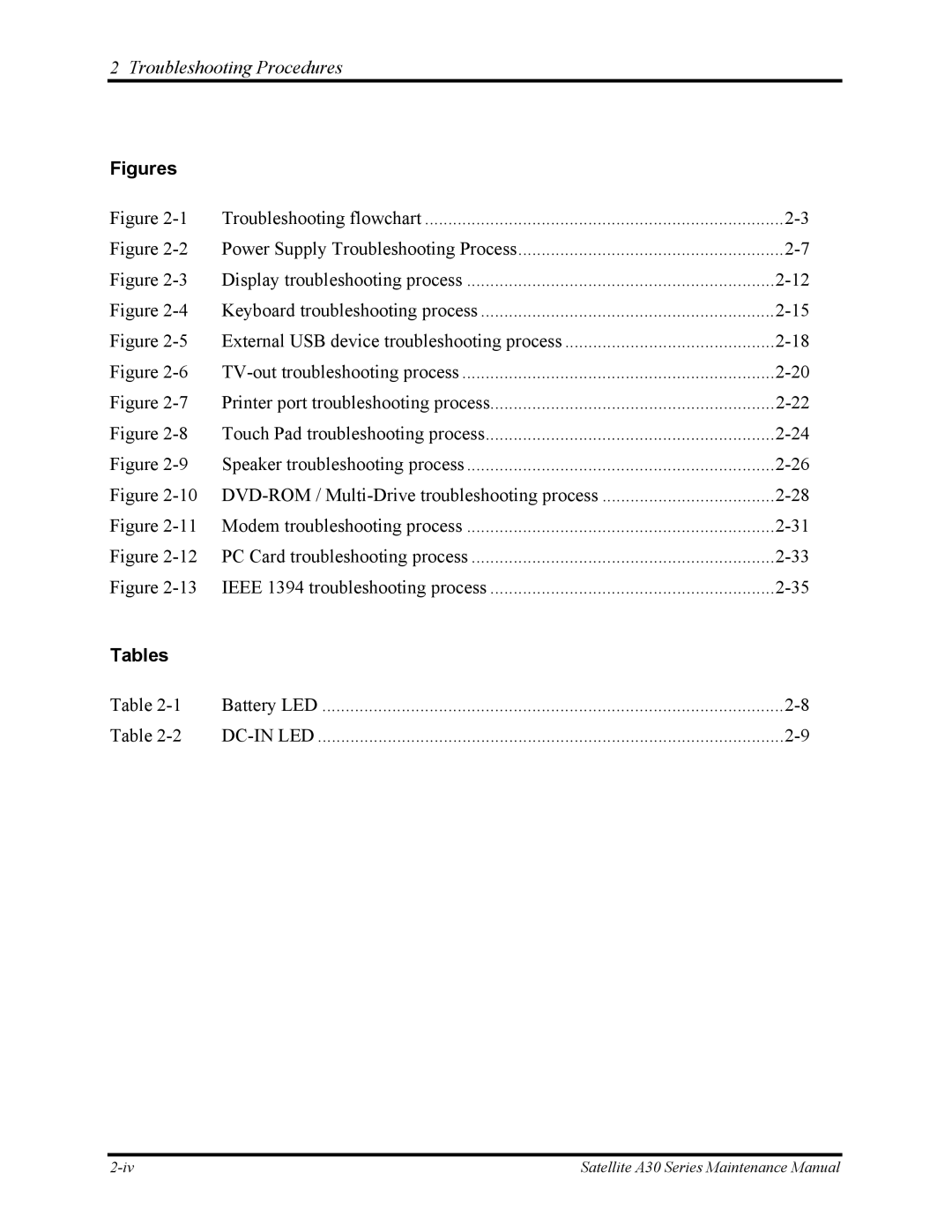 Toshiba Satellite A30 Series manual Dc-In Led 