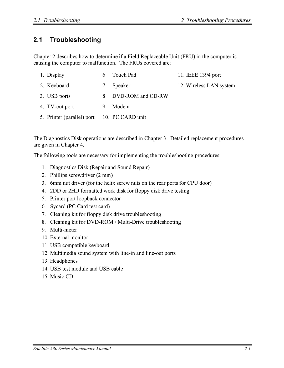 Toshiba Satellite A30 Series manual Troubleshooting Troubleshooting Procedures 