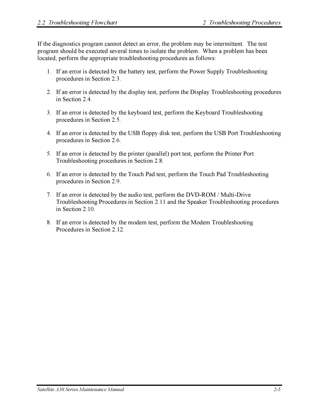 Toshiba Satellite A30 Series manual Troubleshooting Flowchart Troubleshooting Procedures 