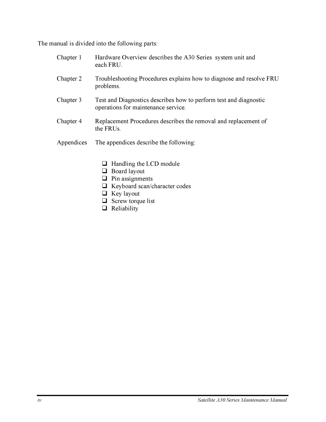 Toshiba manual Satellite A30 Series Maintenance Manual 