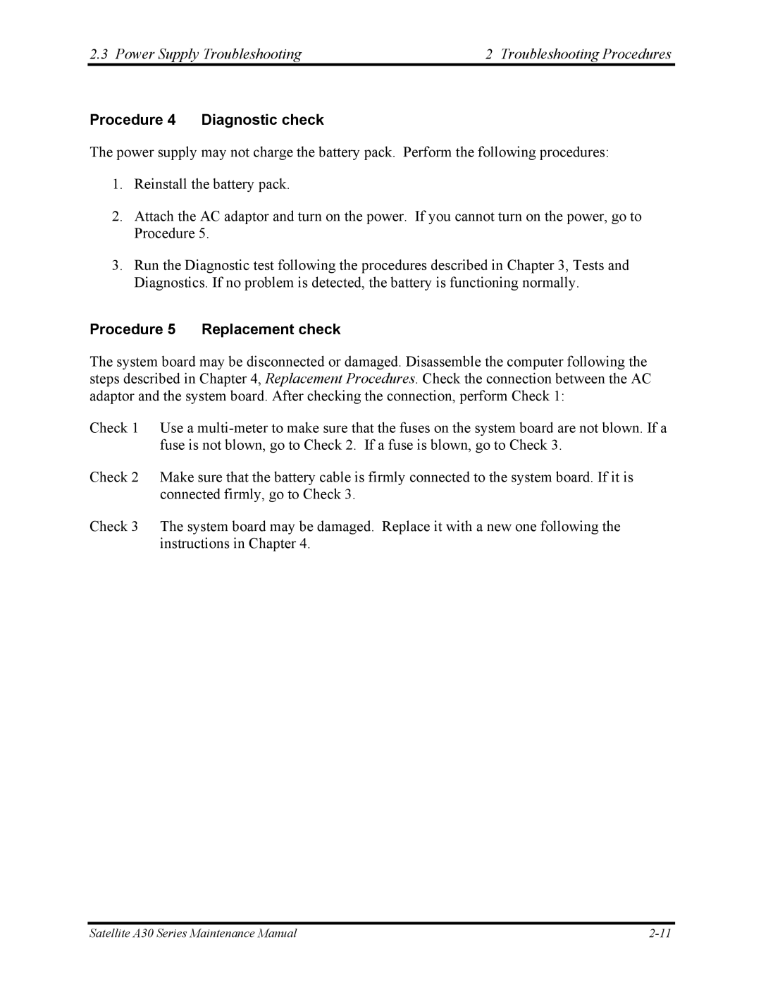 Toshiba Satellite A30 Series manual Procedure 4 Diagnostic check, Procedure 5 Replacement check 