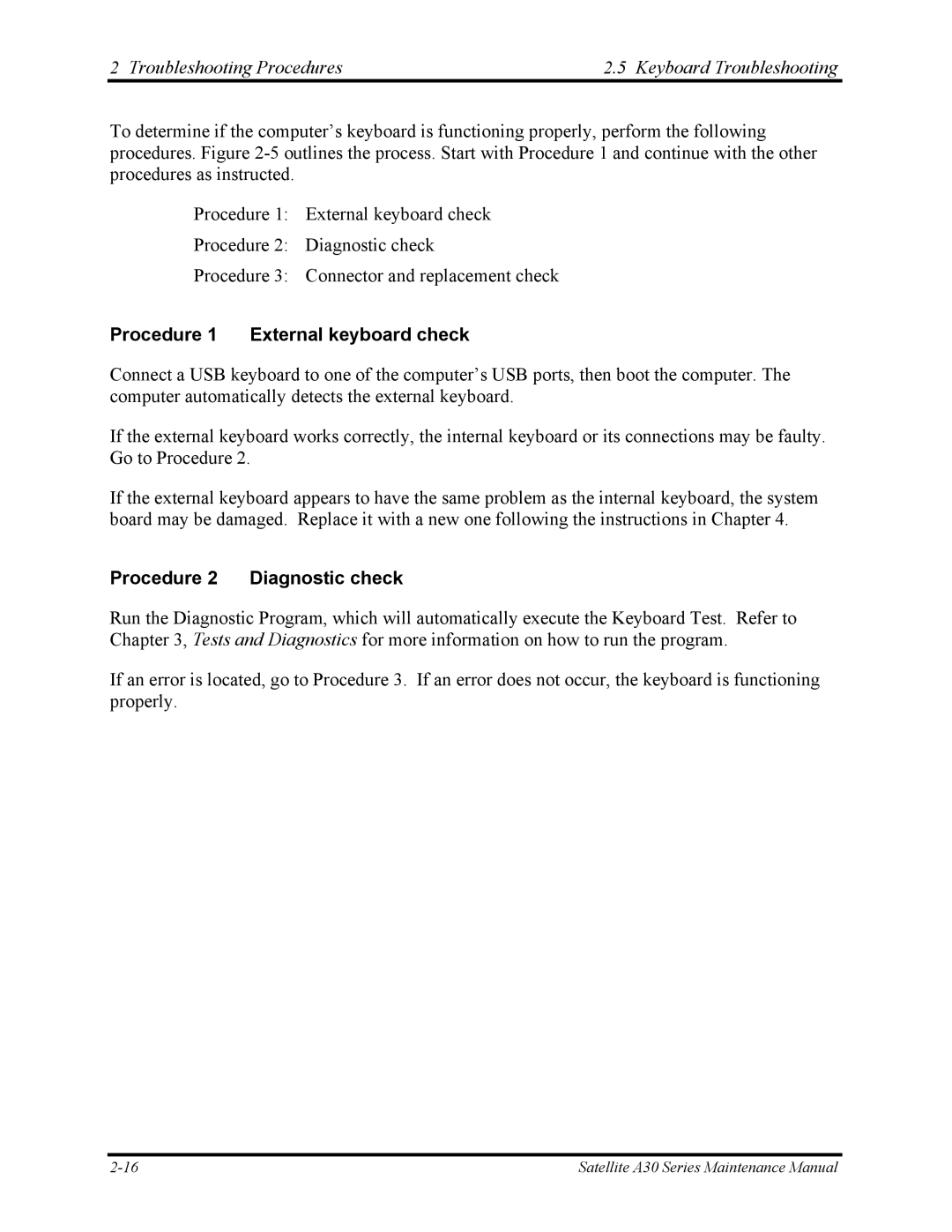 Toshiba Satellite A30 Series Troubleshooting Procedures Keyboard Troubleshooting, Procedure 1 External keyboard check 