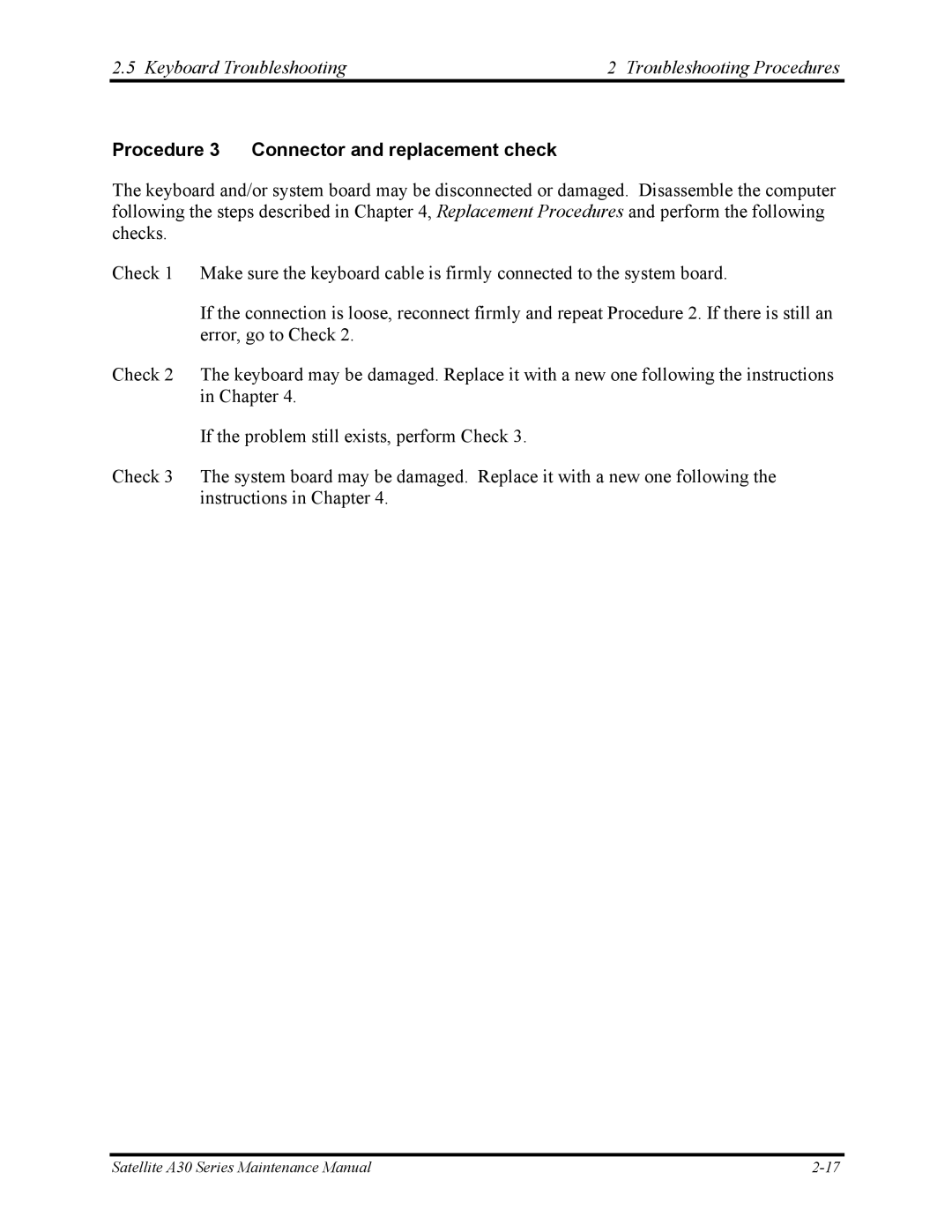 Toshiba Satellite A30 Series manual Procedure 3 Connector and replacement check 