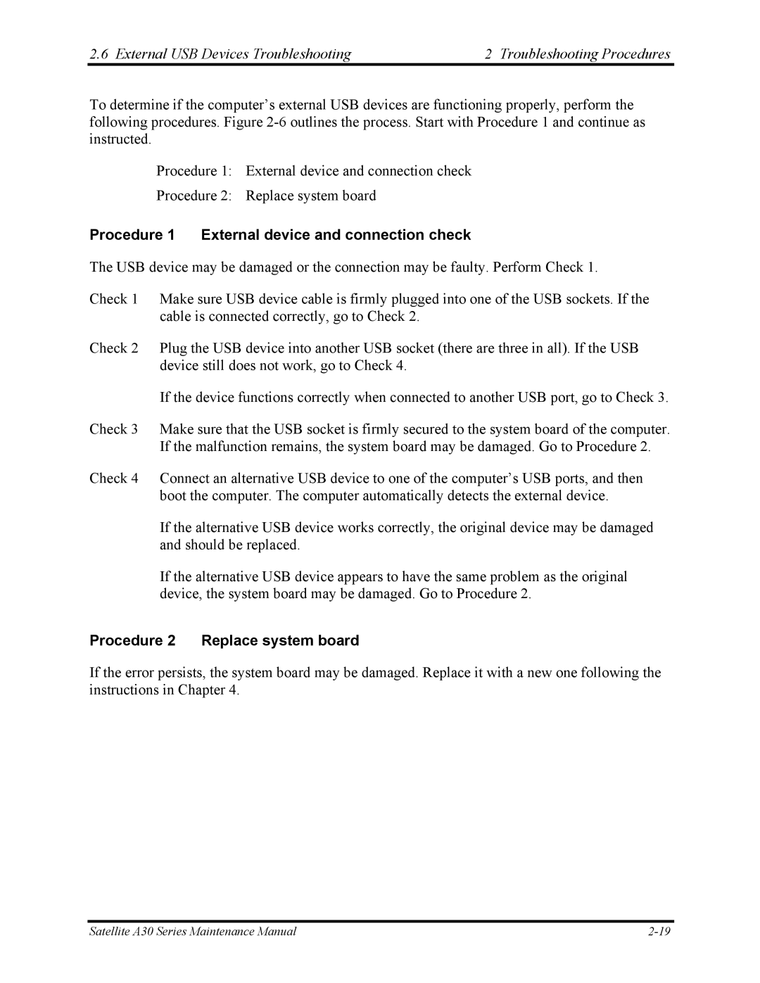 Toshiba Satellite A30 Series manual Procedure 1 External device and connection check, Procedure 2 Replace system board 