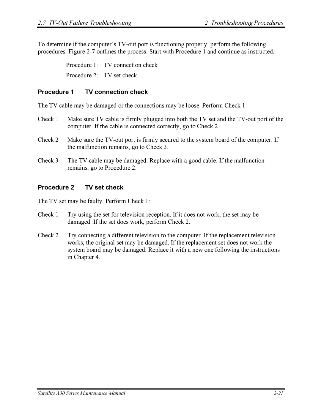 Toshiba Satellite A30 Series TV-Out Failure Troubleshooting Troubleshooting Procedures, Procedure 1 TV connection check 