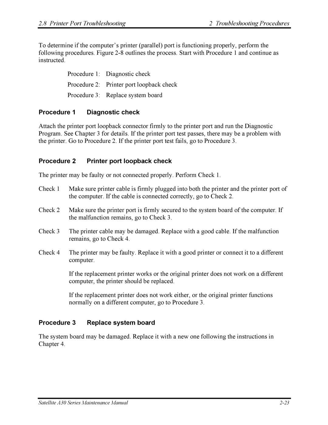 Toshiba Satellite A30 Series manual Printer Port Troubleshooting Troubleshooting Procedures, Procedure 1 Diagnostic check 