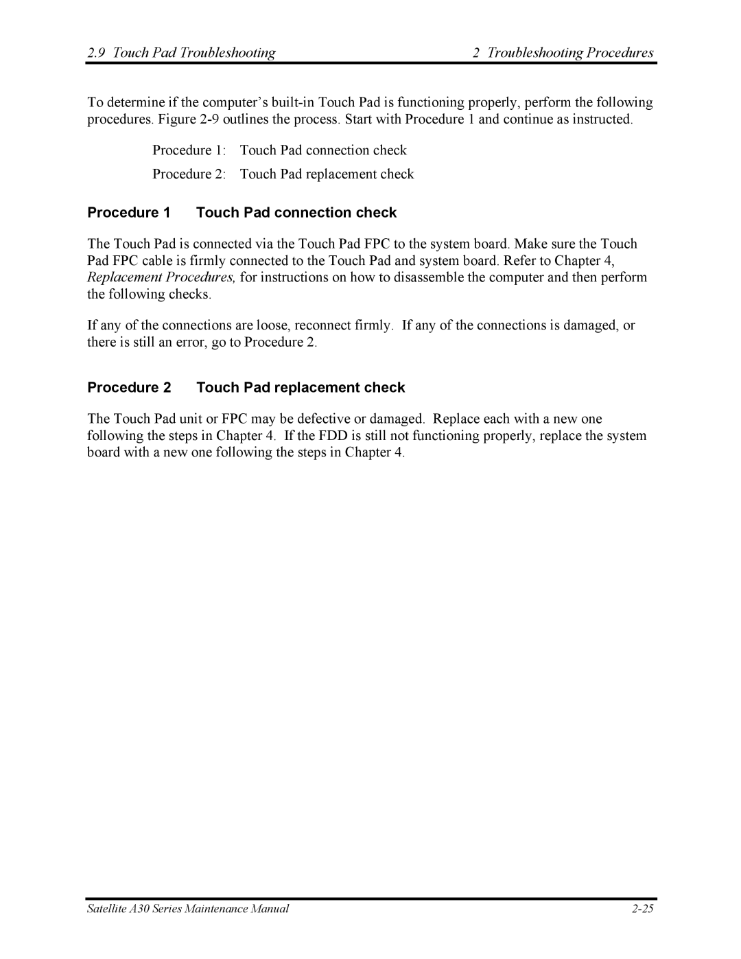 Toshiba Satellite A30 Series Touch Pad Troubleshooting Troubleshooting Procedures, Procedure 1 Touch Pad connection check 