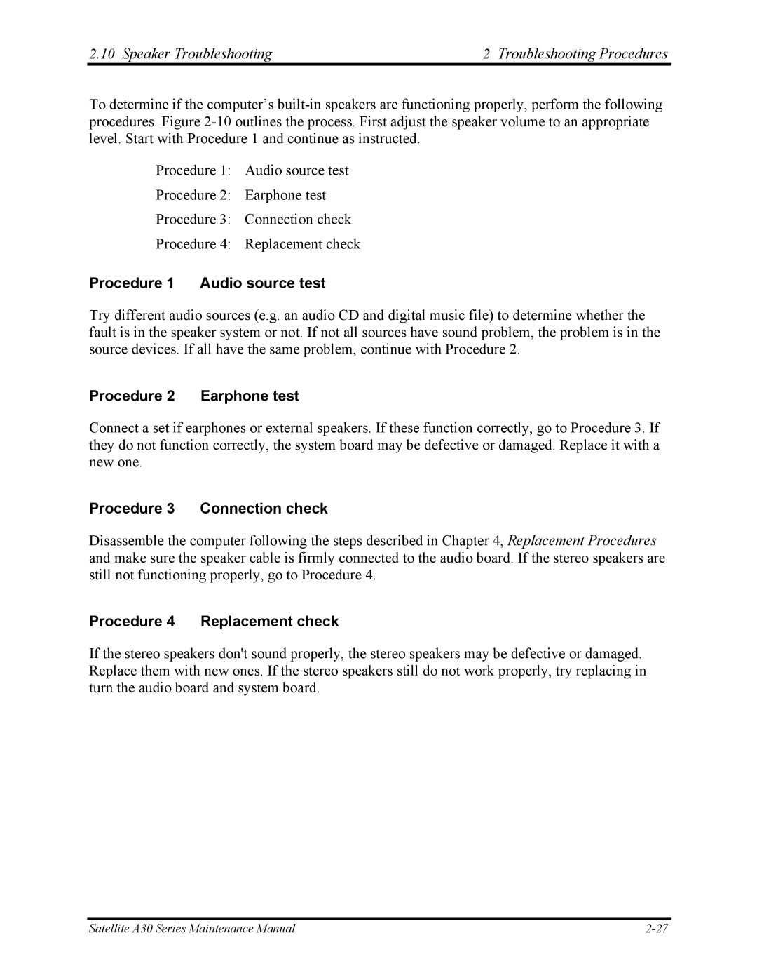 Toshiba Satellite A30 Series manual Speaker Troubleshooting Troubleshooting Procedures, Procedure 1 Audio source test 