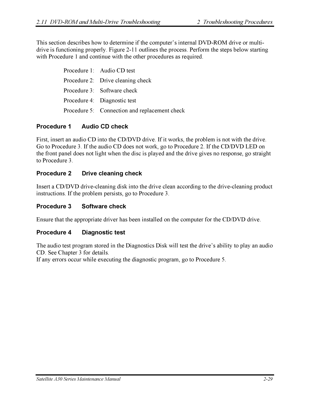 Toshiba Satellite A30 Series manual Procedure 1 Audio CD check, Procedure 2 Drive cleaning check, Procedure Diagnostic test 