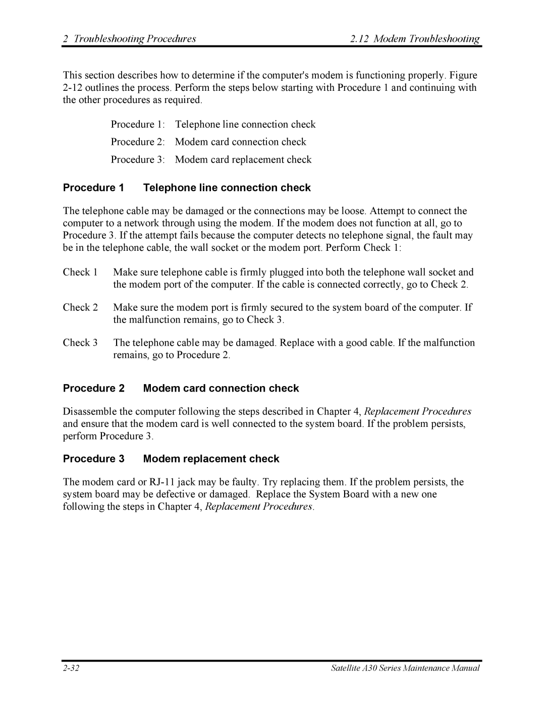 Toshiba Satellite A30 Series Troubleshooting Procedures Modem Troubleshooting, Procedure 1 Telephone line connection check 