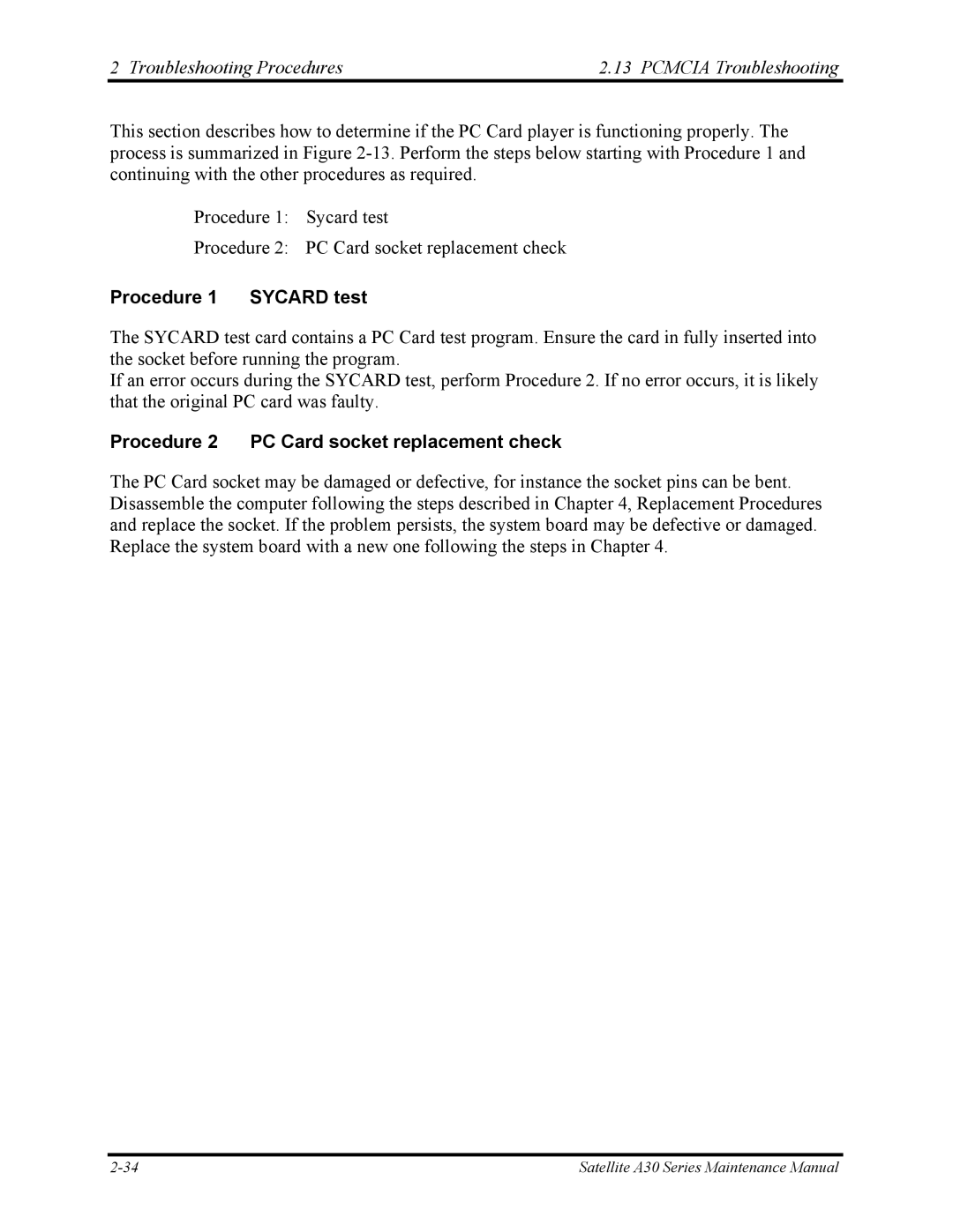 Toshiba Satellite A30 Series manual Troubleshooting Procedures Pcmcia Troubleshooting, Procedure 1 Sycard test 