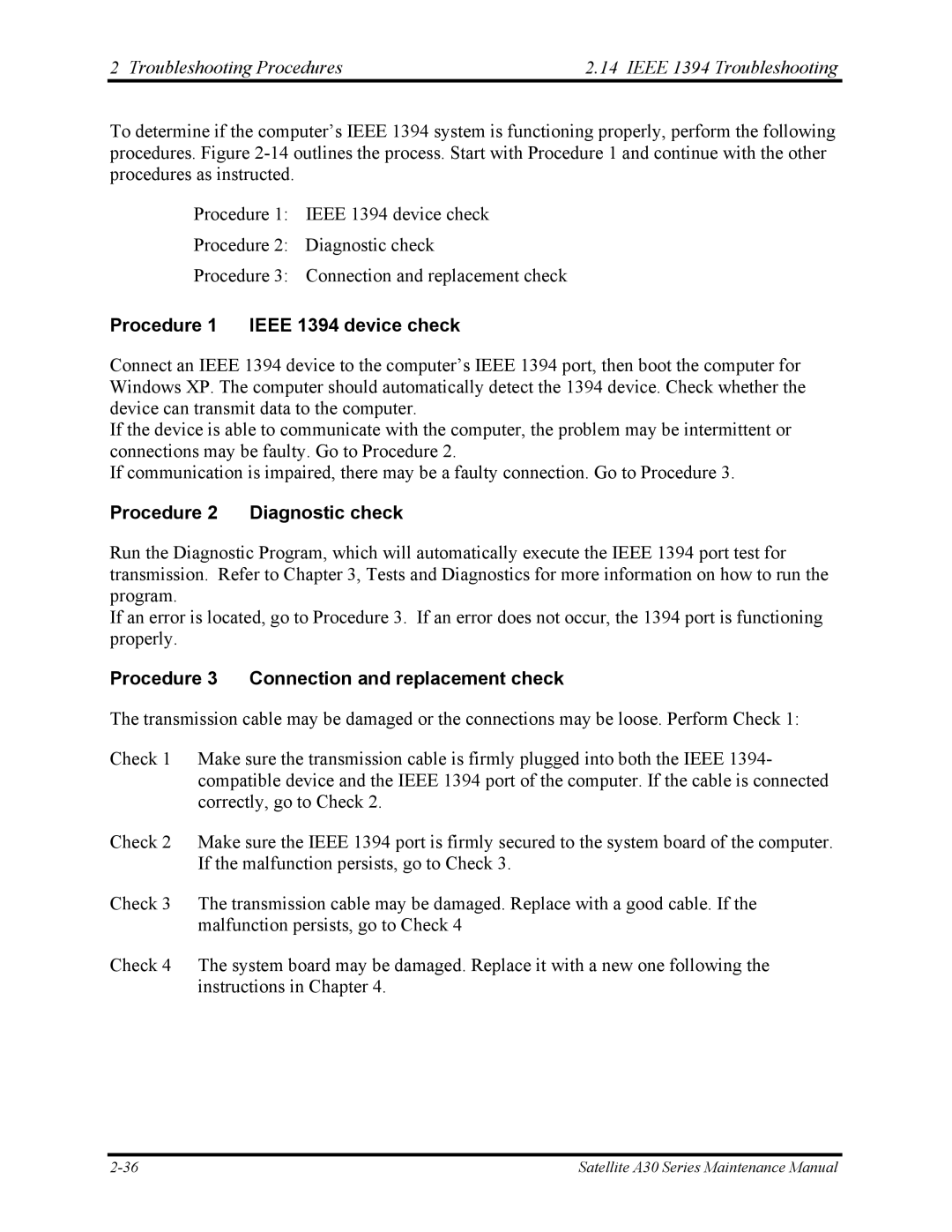 Toshiba Satellite A30 Series Troubleshooting Procedures Ieee 1394 Troubleshooting, Procedure 1 Ieee 1394 device check 