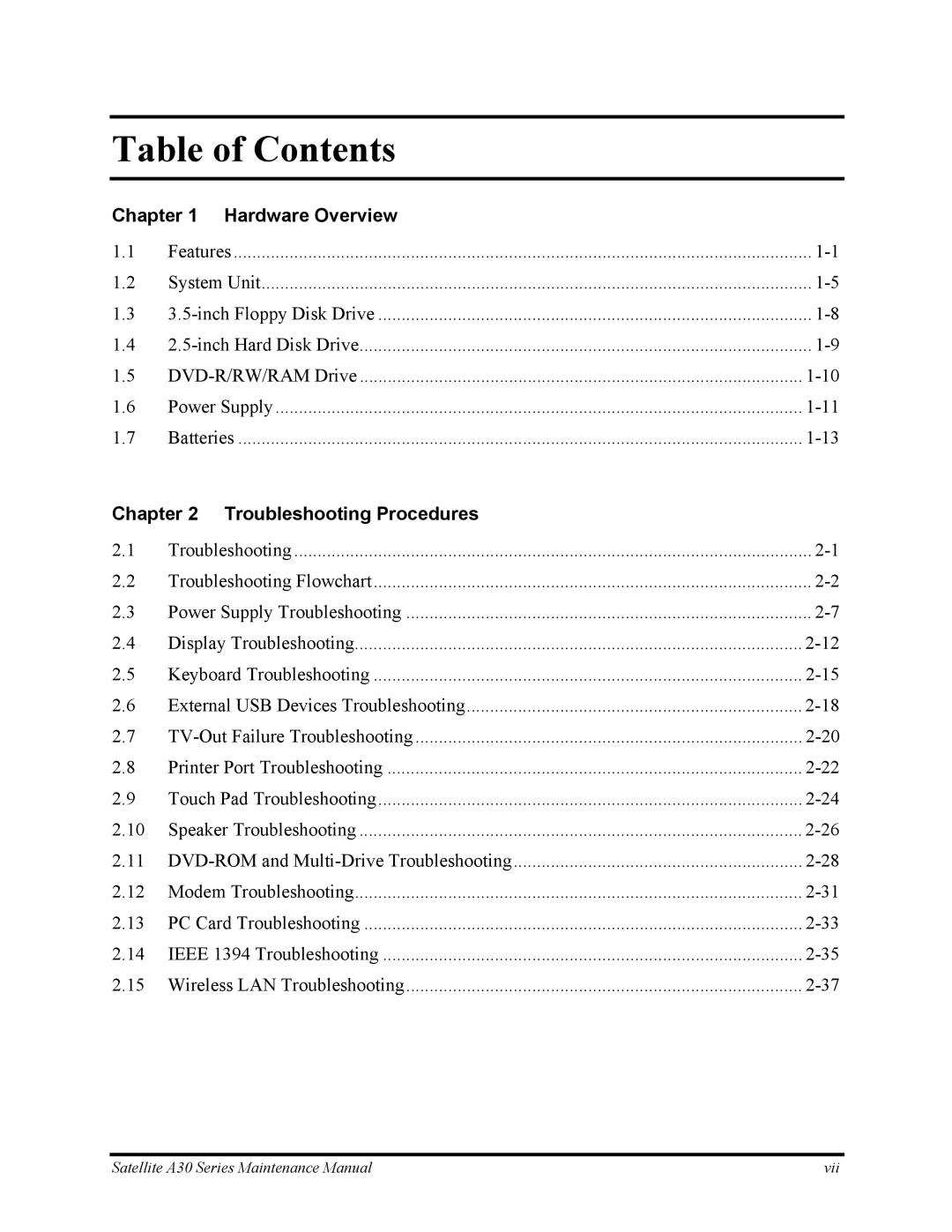 Toshiba Satellite A30 Series manual Table of Contents 