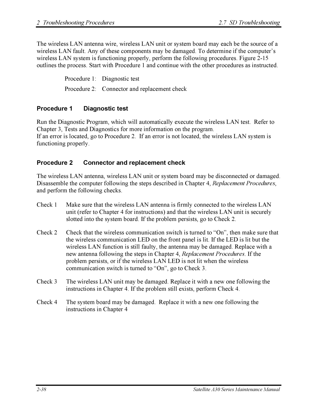 Toshiba Satellite A30 Series Troubleshooting Procedures SD Troubleshooting, Procedure 2 Connector and replacement check 