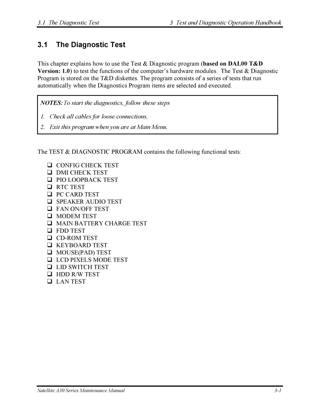 Toshiba Satellite A30 Series manual Diagnostic Test Test and Diagnostic Operation Handbook 