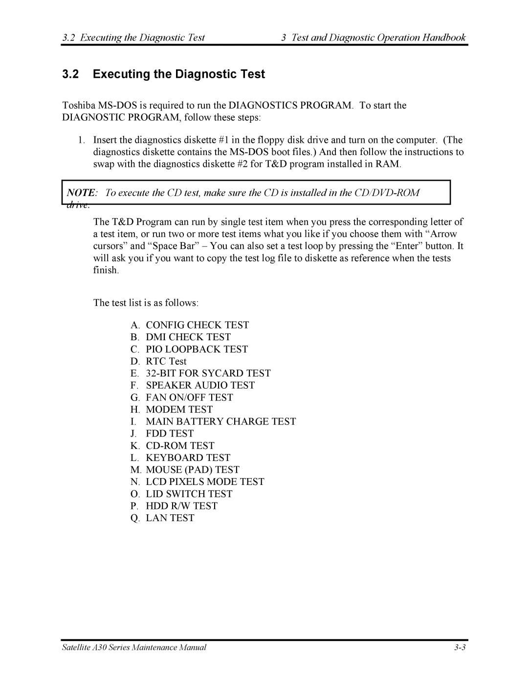 Toshiba Satellite A30 Series manual Executing the Diagnostic Test 