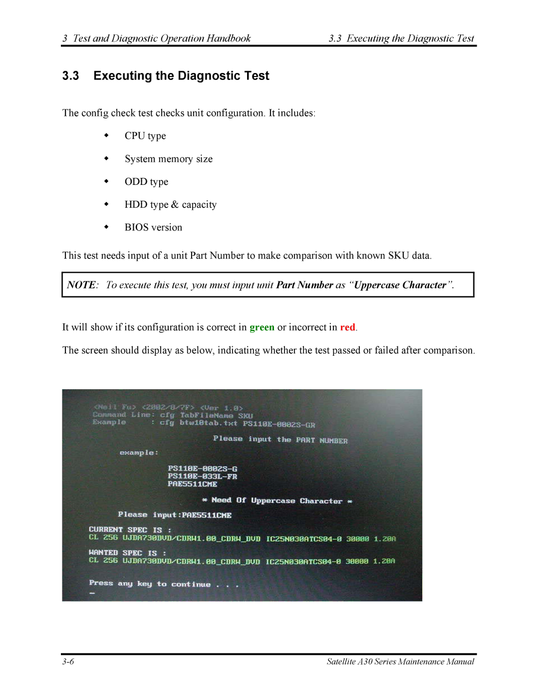 Toshiba Satellite A30 Series manual Executing the Diagnostic Test 