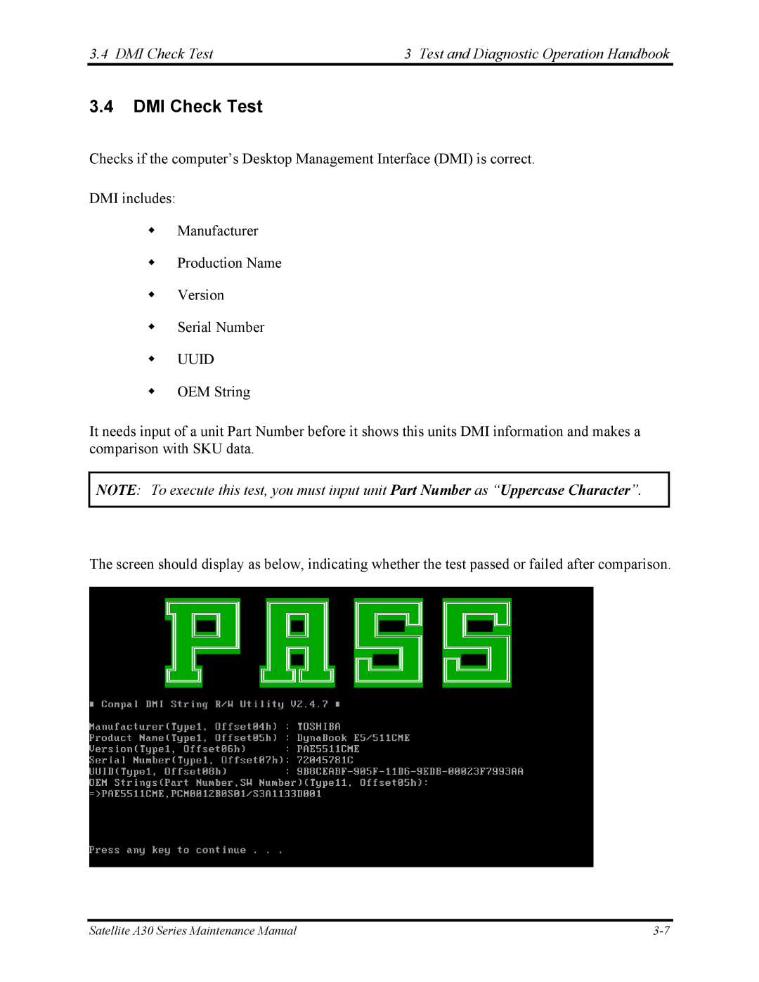 Toshiba Satellite A30 Series manual DMI Check Test Test and Diagnostic Operation Handbook 