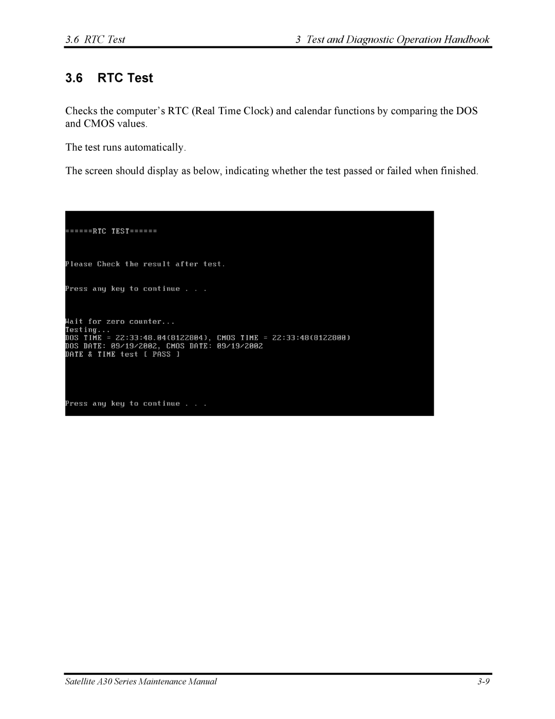 Toshiba Satellite A30 Series manual RTC Test Test and Diagnostic Operation Handbook 