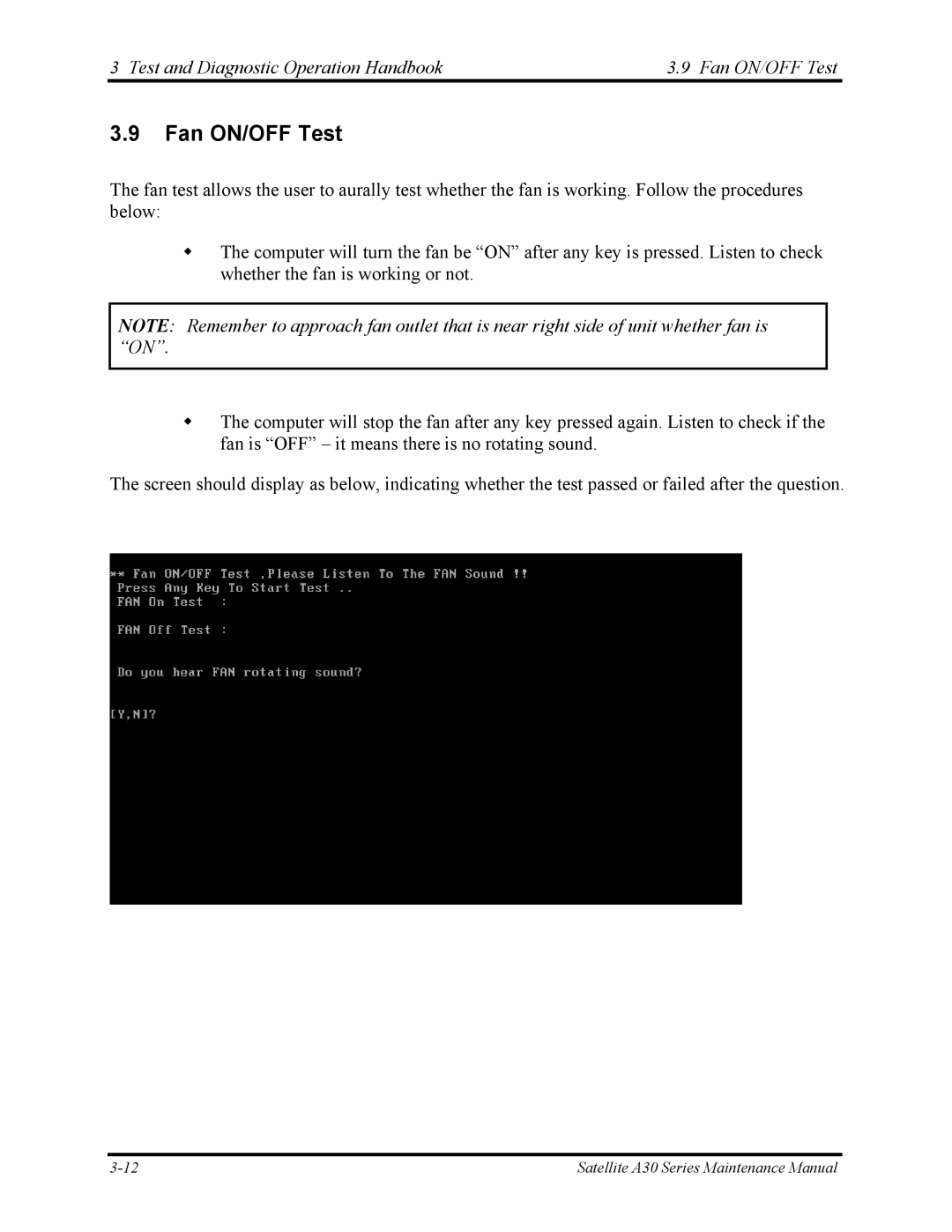 Toshiba Satellite A30 Series manual Test and Diagnostic Operation Handbook Fan ON/OFF Test 