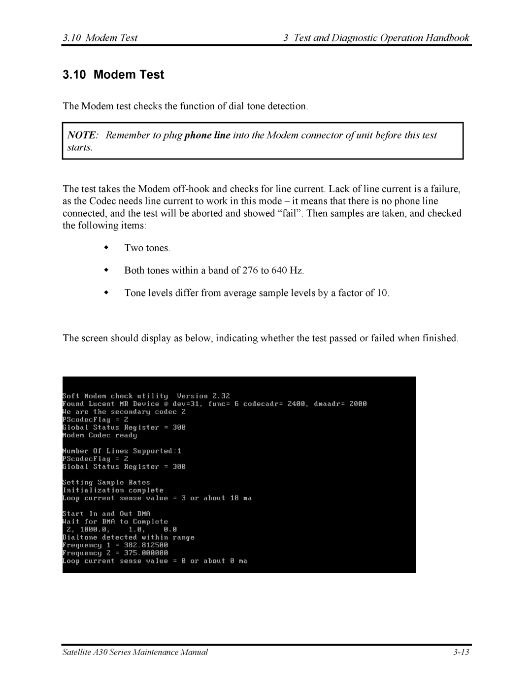 Toshiba Satellite A30 Series manual Modem Test Test and Diagnostic Operation Handbook 