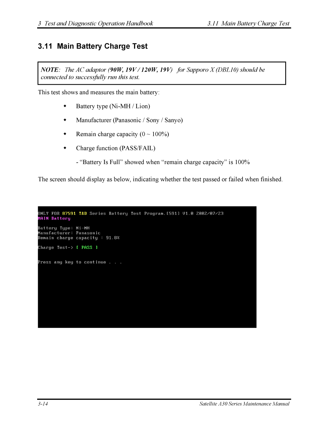 Toshiba Satellite A30 Series manual Main Battery Charge Test 