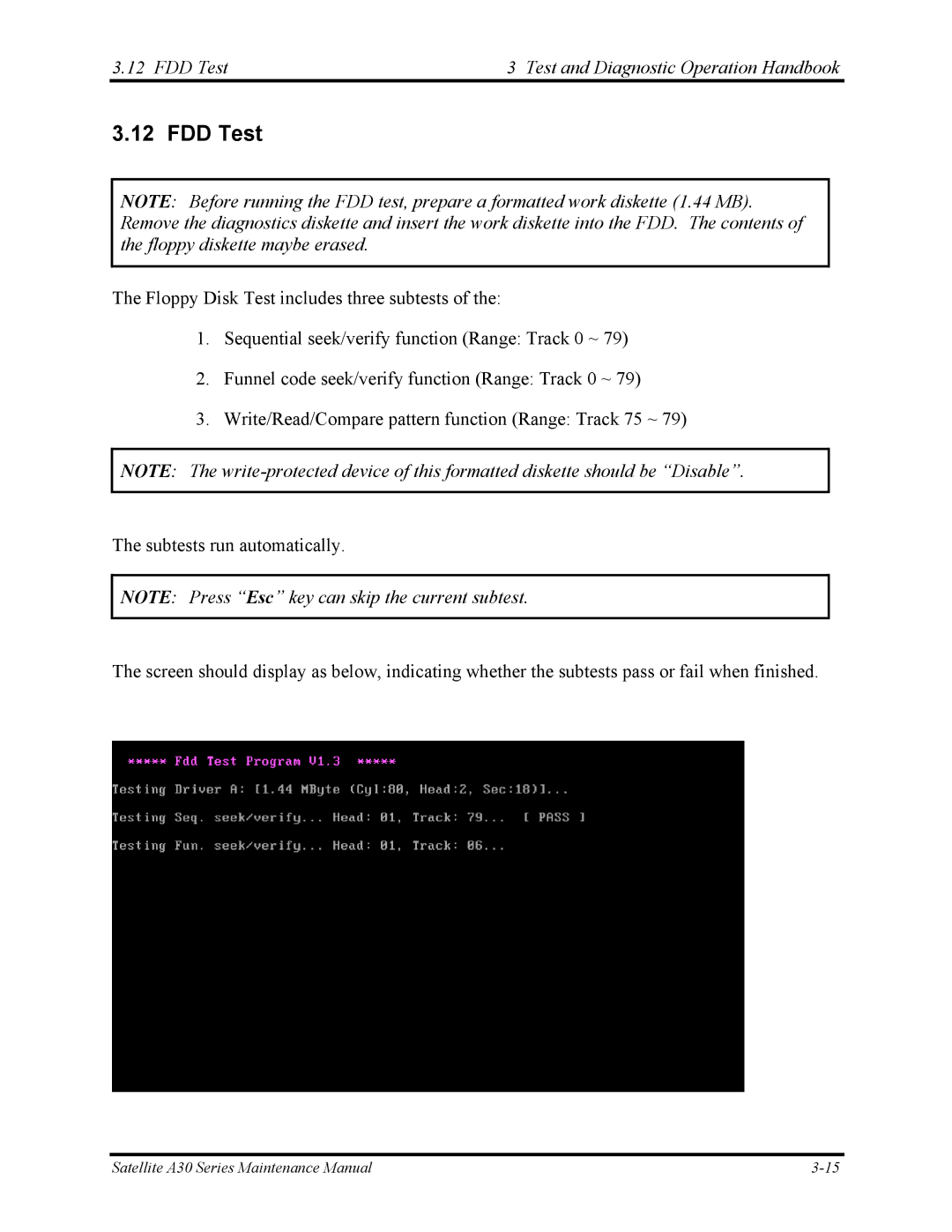 Toshiba Satellite A30 Series manual FDD Test Test and Diagnostic Operation Handbook 