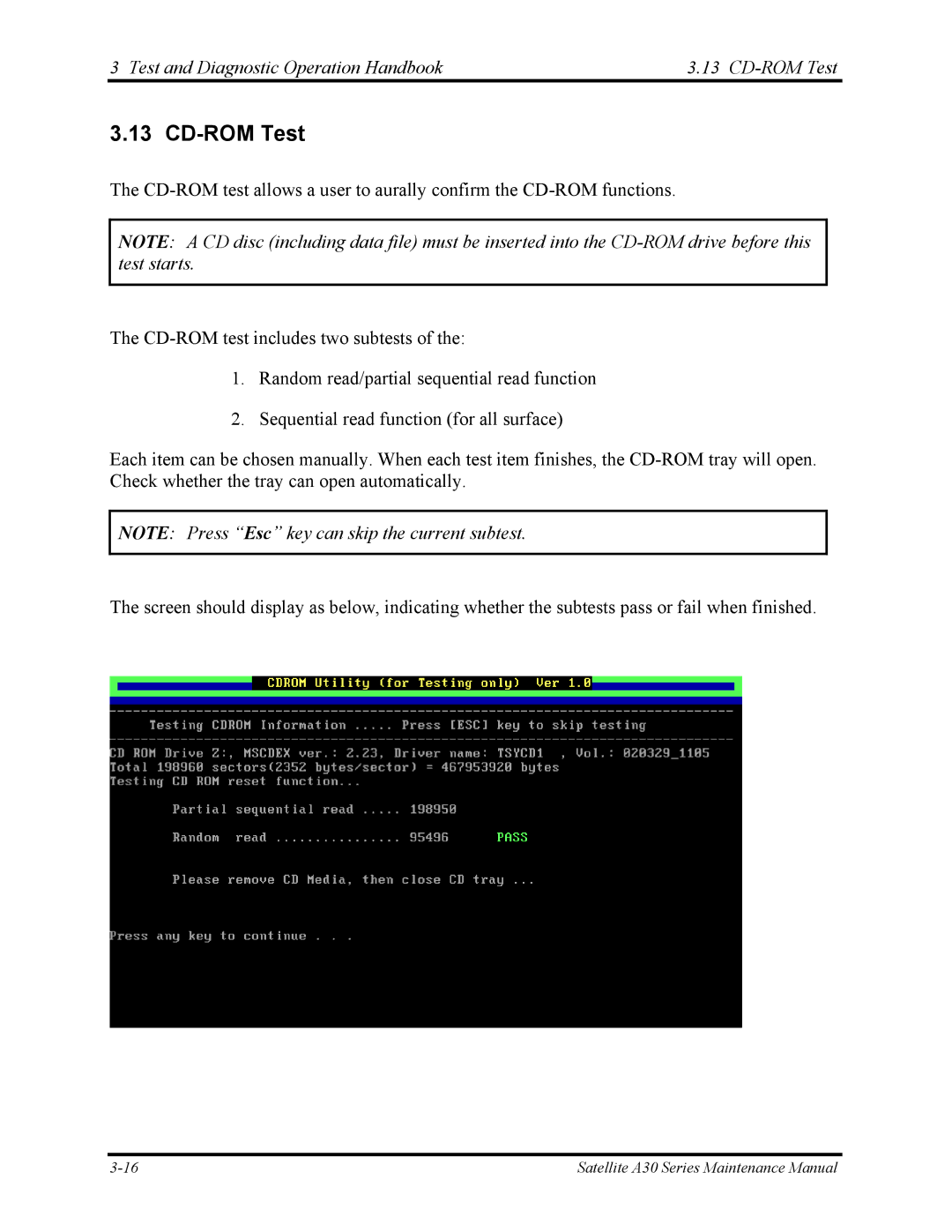 Toshiba Satellite A30 Series manual Test and Diagnostic Operation Handbook CD-ROM Test 