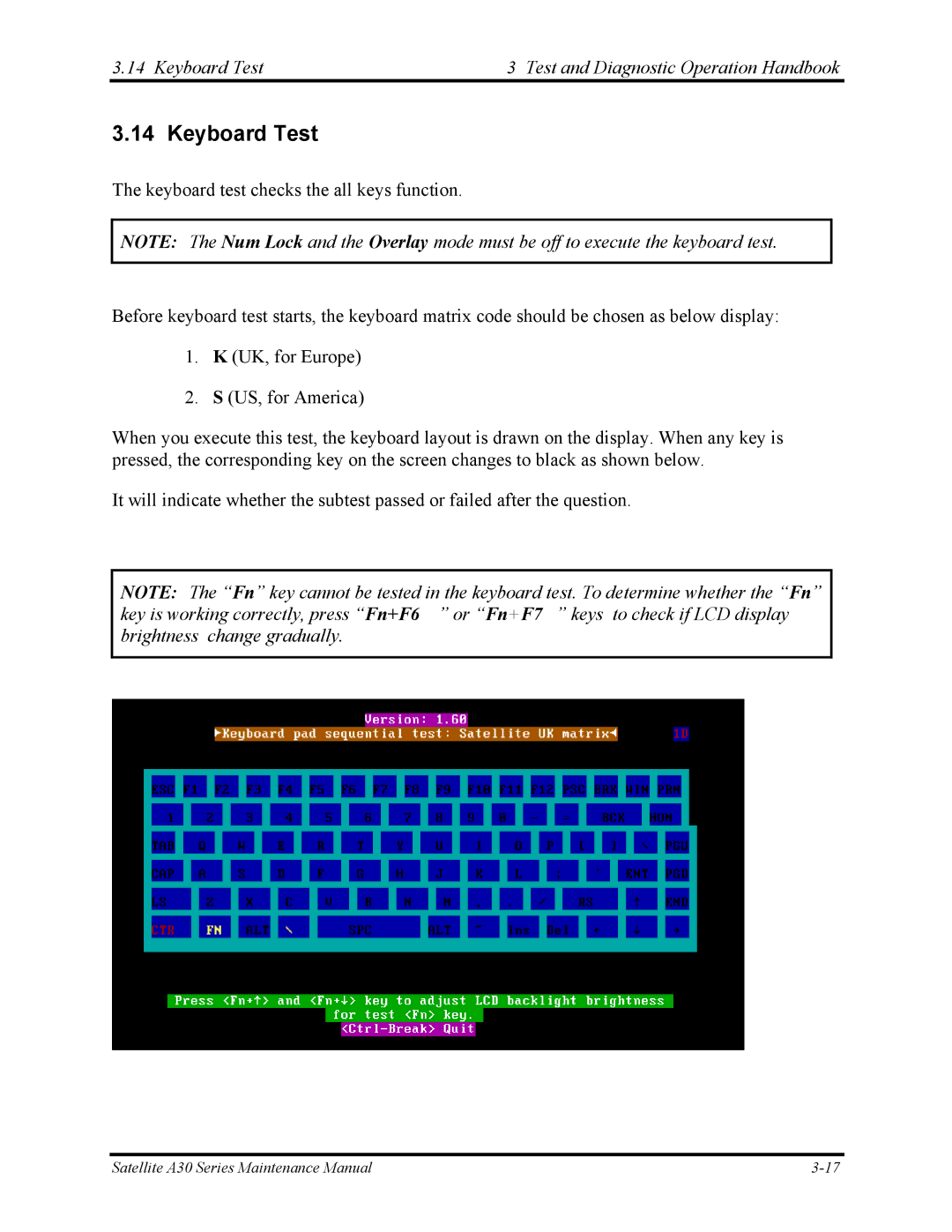 Toshiba Satellite A30 Series manual Keyboard Test Test and Diagnostic Operation Handbook 