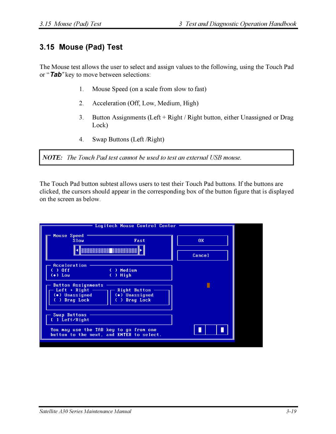 Toshiba Satellite A30 Series manual Mouse Pad Test Test and Diagnostic Operation Handbook 