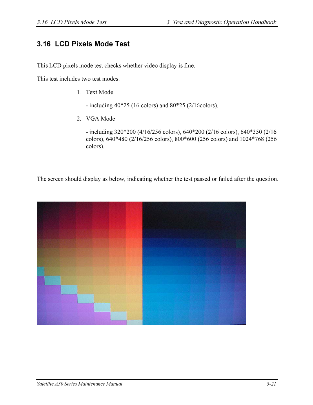 Toshiba Satellite A30 Series manual LCD Pixels Mode Test Test and Diagnostic Operation Handbook 