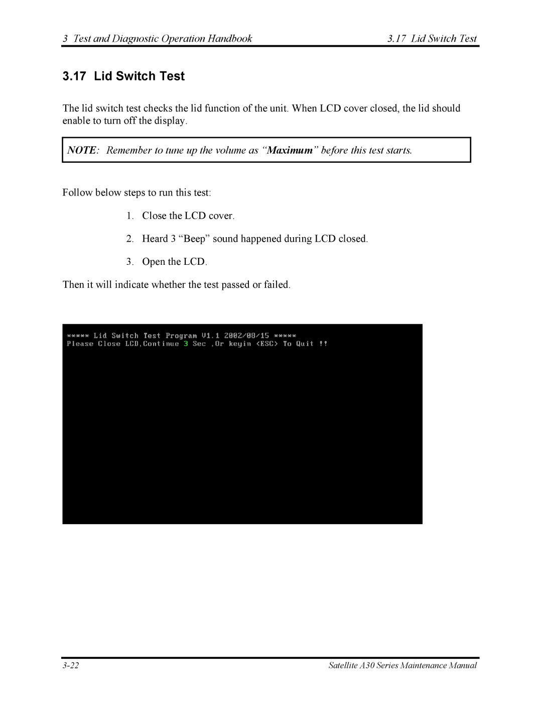 Toshiba Satellite A30 Series manual Test and Diagnostic Operation Handbook Lid Switch Test 