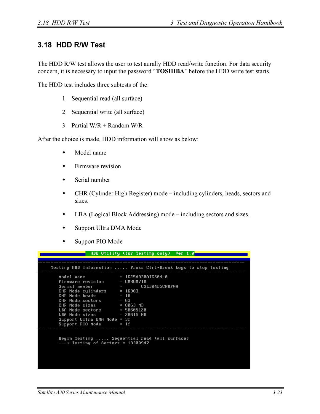 Toshiba Satellite A30 Series manual HDD R/W Test Test and Diagnostic Operation Handbook 