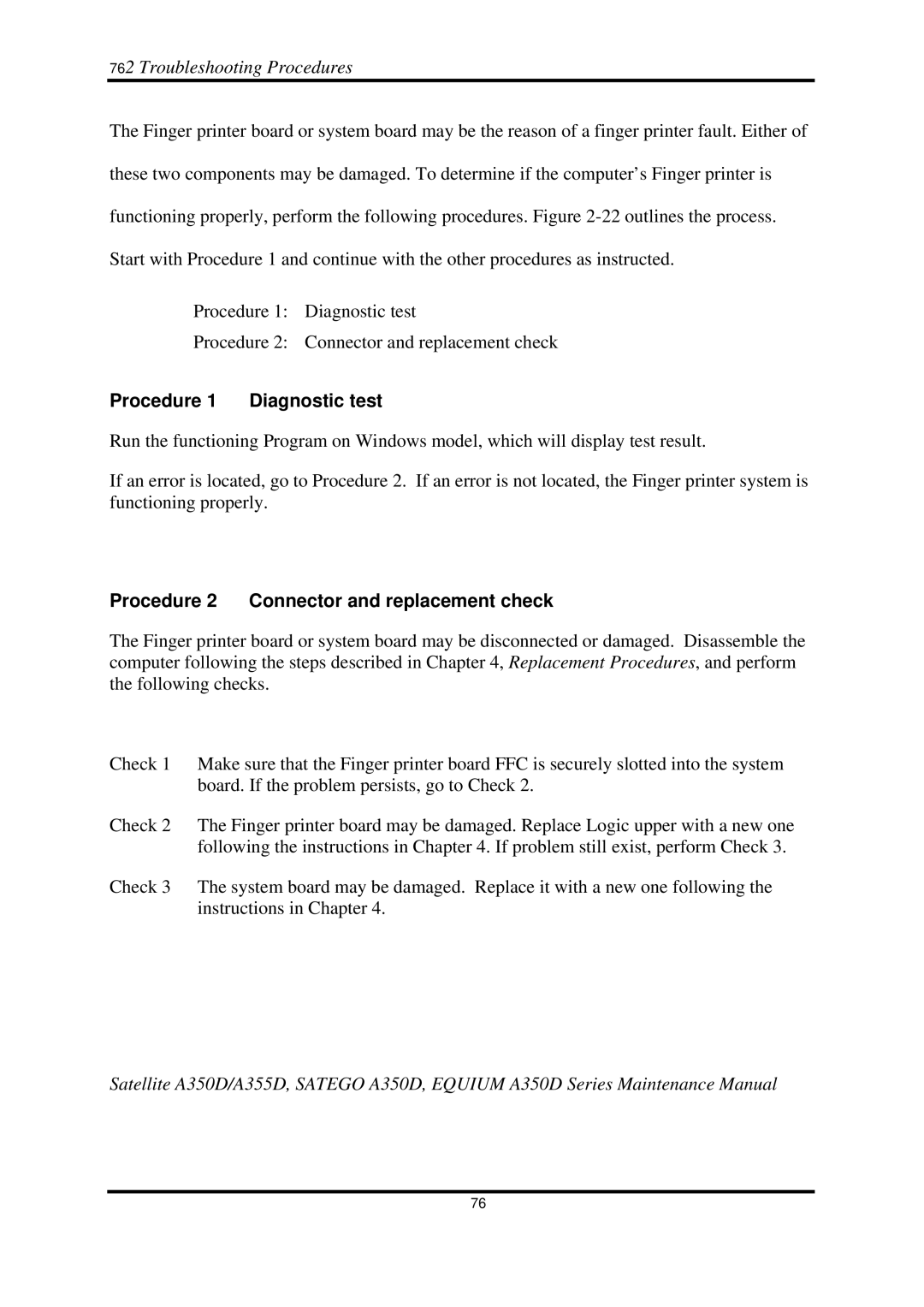 Toshiba Satellite A350D manual Procedure Diagnostic test 