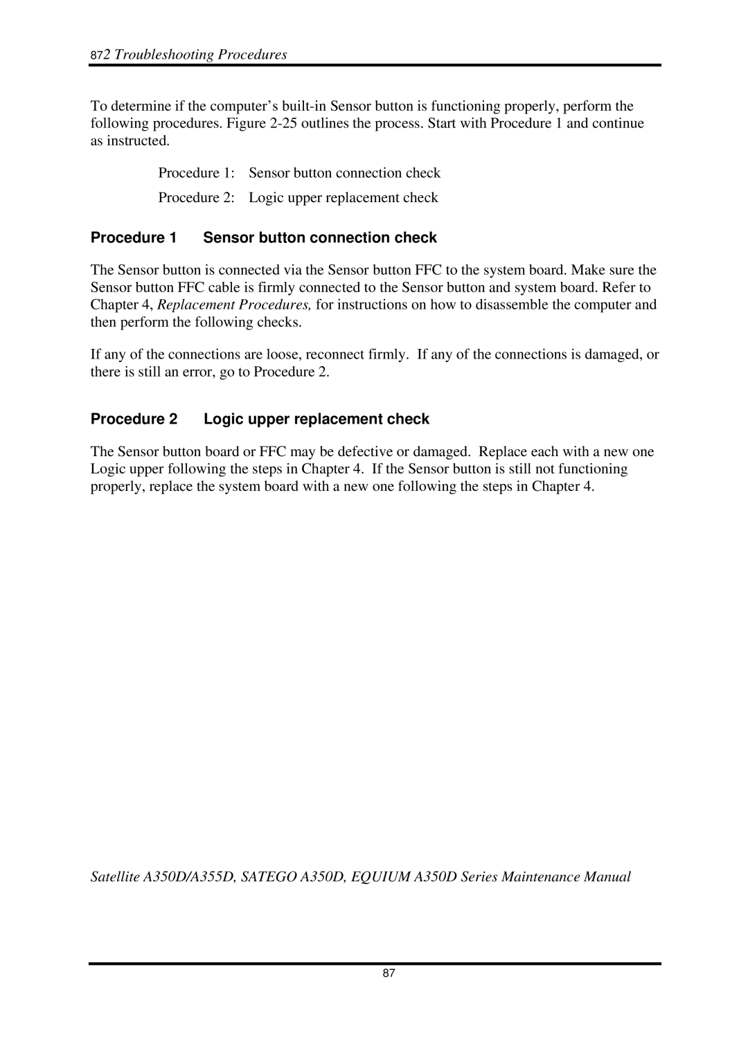 Toshiba Satellite A350D manual Procedure 1 Sensor button connection check, Procedure 2 Logic upper replacement check 