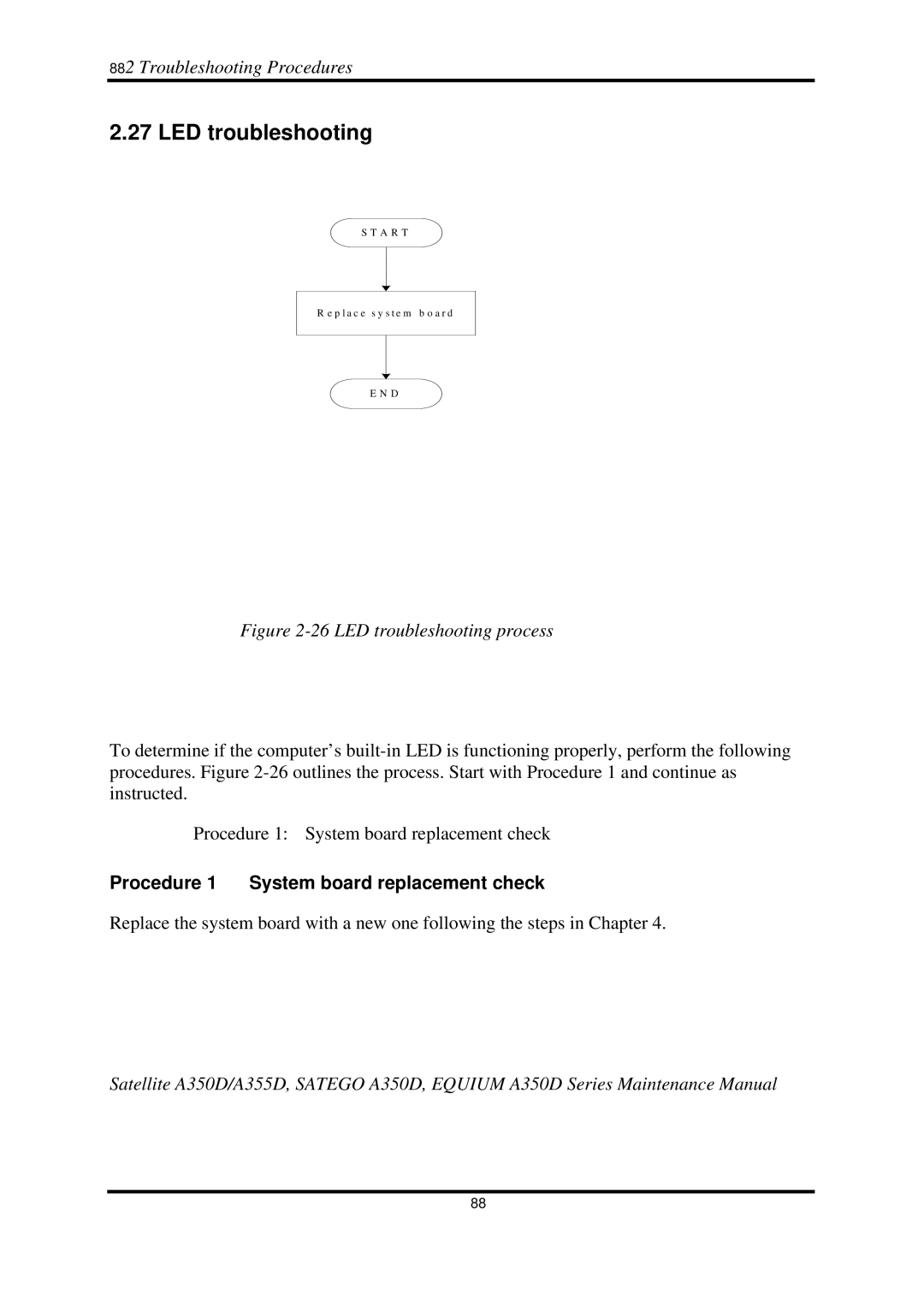 Toshiba Satellite A350D manual LED troubleshooting, Procedure 1 System board replacement check 